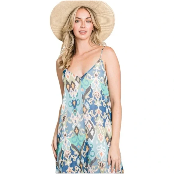 NWT Sleeveless Boho Ruffle Printed Woven Blue Green Cami Maxi Dress - Picture 5 of 12